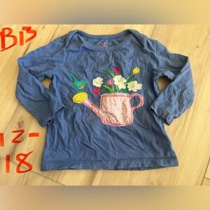Baby Boden Blue Long Sleeve Tee with Embroidered Floral Watering Can
